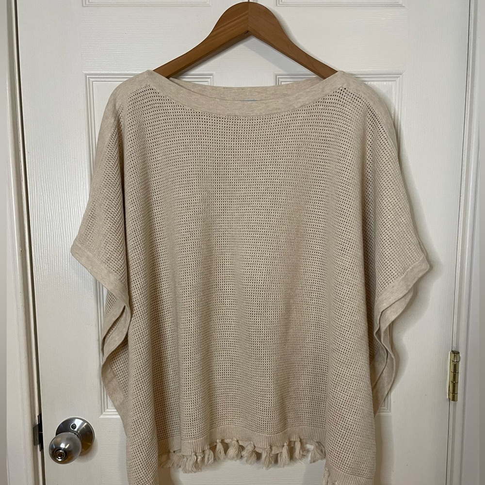 J McLaughlin Oatmeal 100% Cotton Knit Sweater Poncho w/ Tassels One Size